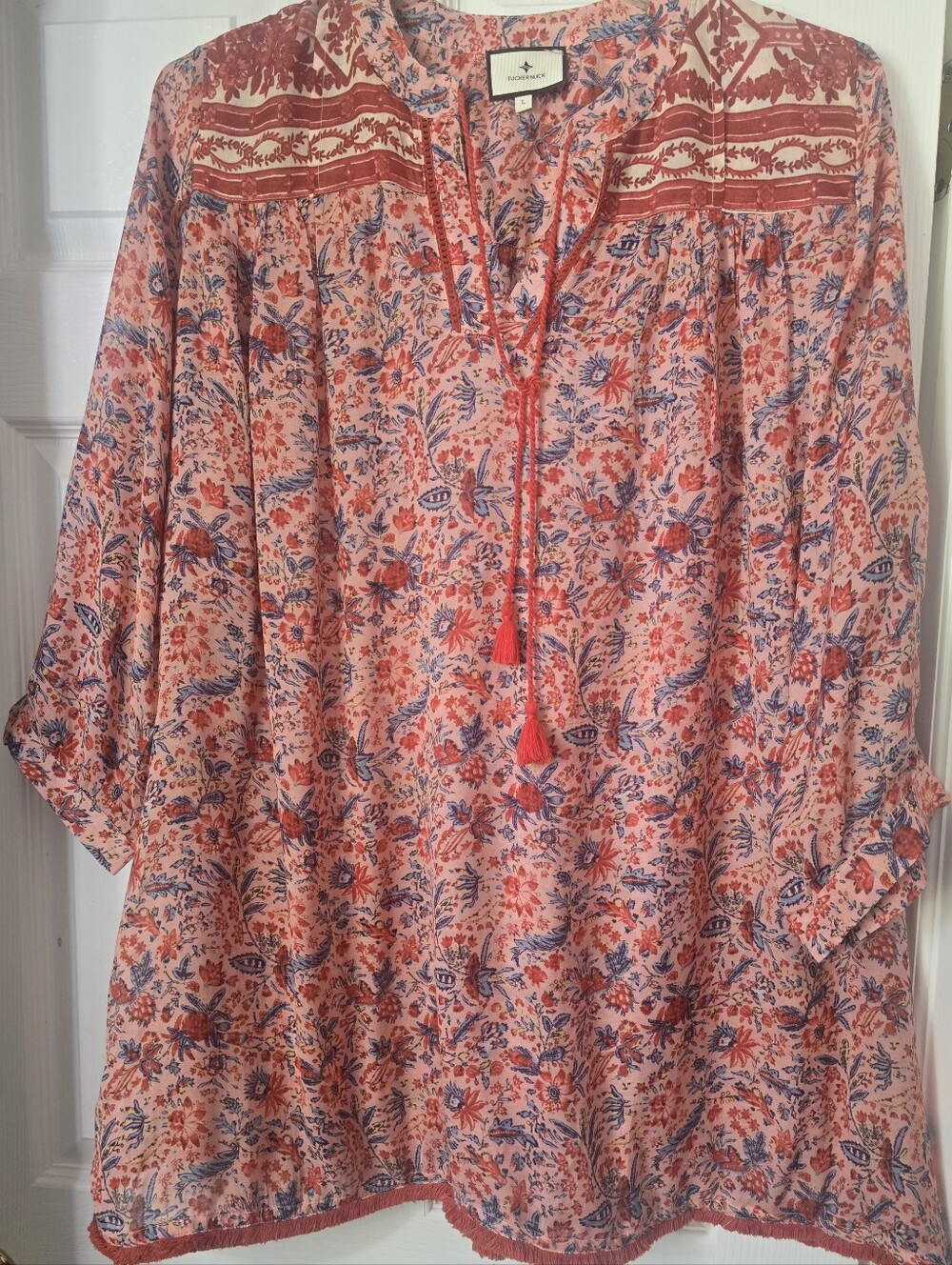 Tuckernuck Floral Boho Beach Cover Up Tunic Tassel Fringe Size Large